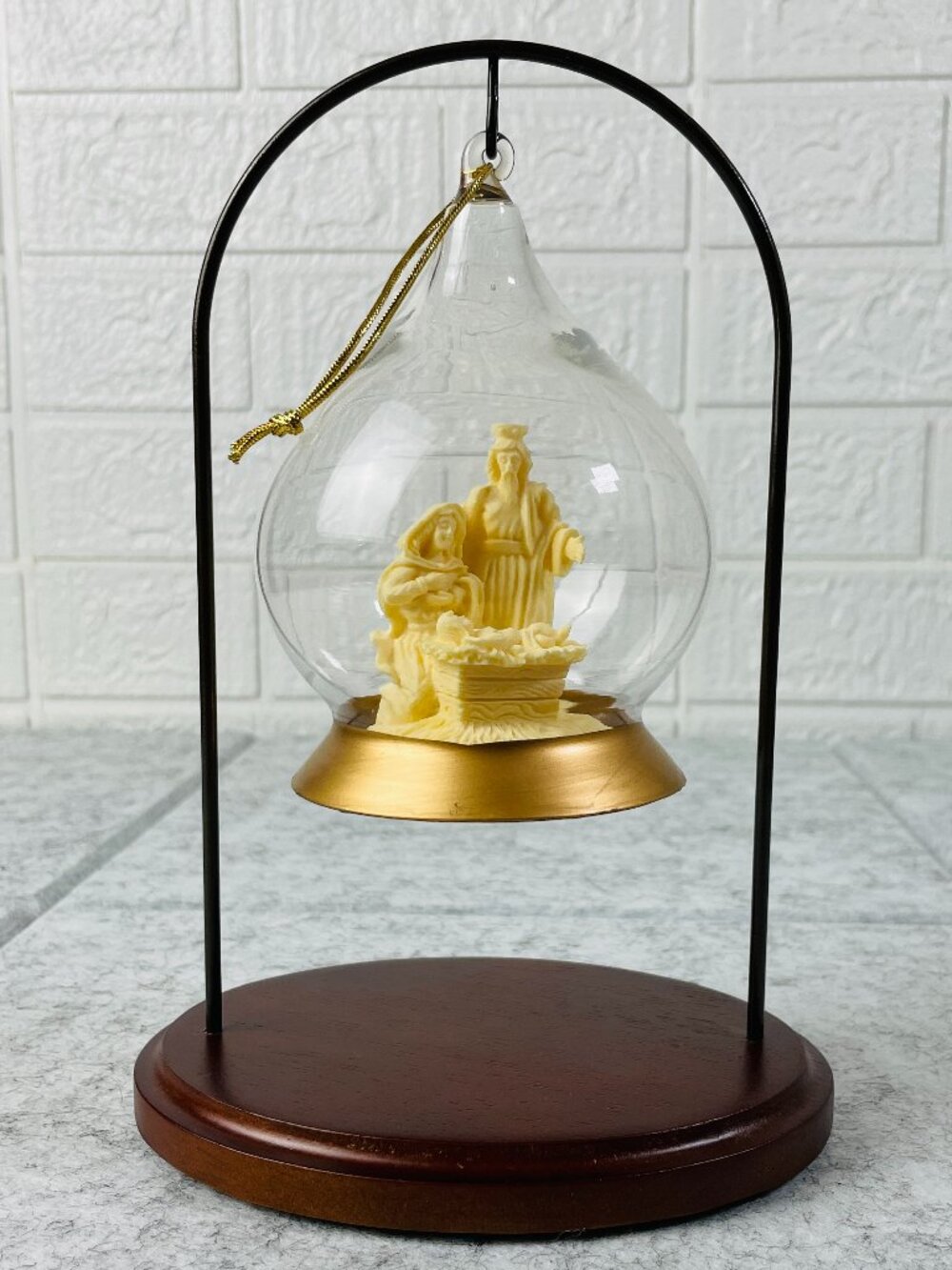 Nativity Scene Glass Hanging Ornament Mary Joseph Baby Jesus w/ Display Stand